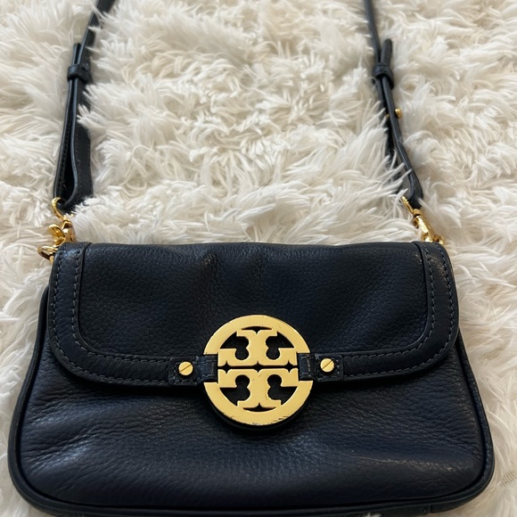 Mini Tory Burch flap top shoulder bag in navy leather with gold trim